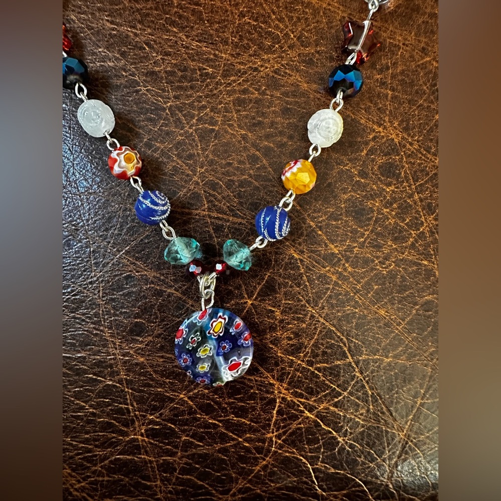 Beaded Multi Colored Necklace with glass pendant